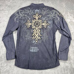 ROAR Embroidered Mens Large Stretch Button Shirt Celtic Cross Goth Grunge Emo